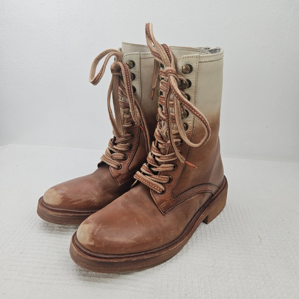 Vintage Foundry Co Two Tone Lace Up Leather Combat Boot 7 Brown Tan‎ Ivory Ombre